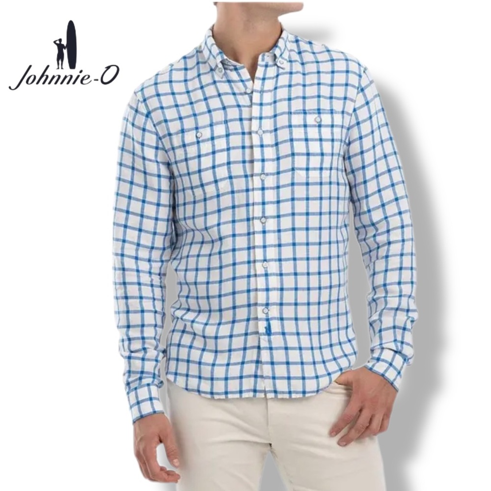 Johnnie-O Men's L Blue White Check Hangin' Out Linen Lyocell Blend Shirt EUC